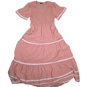 Pretty Garden Pink Smocked Tiered‎ Maxi Dress Cottagecore Romantic